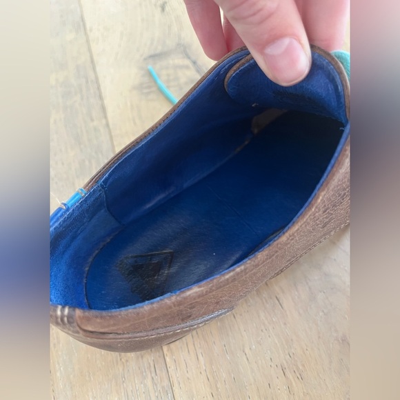 John Fluevog CBC Radio Derby Oxford Shoes Brown Leather Turquoise Women 8.5 - Picture 5 of 15